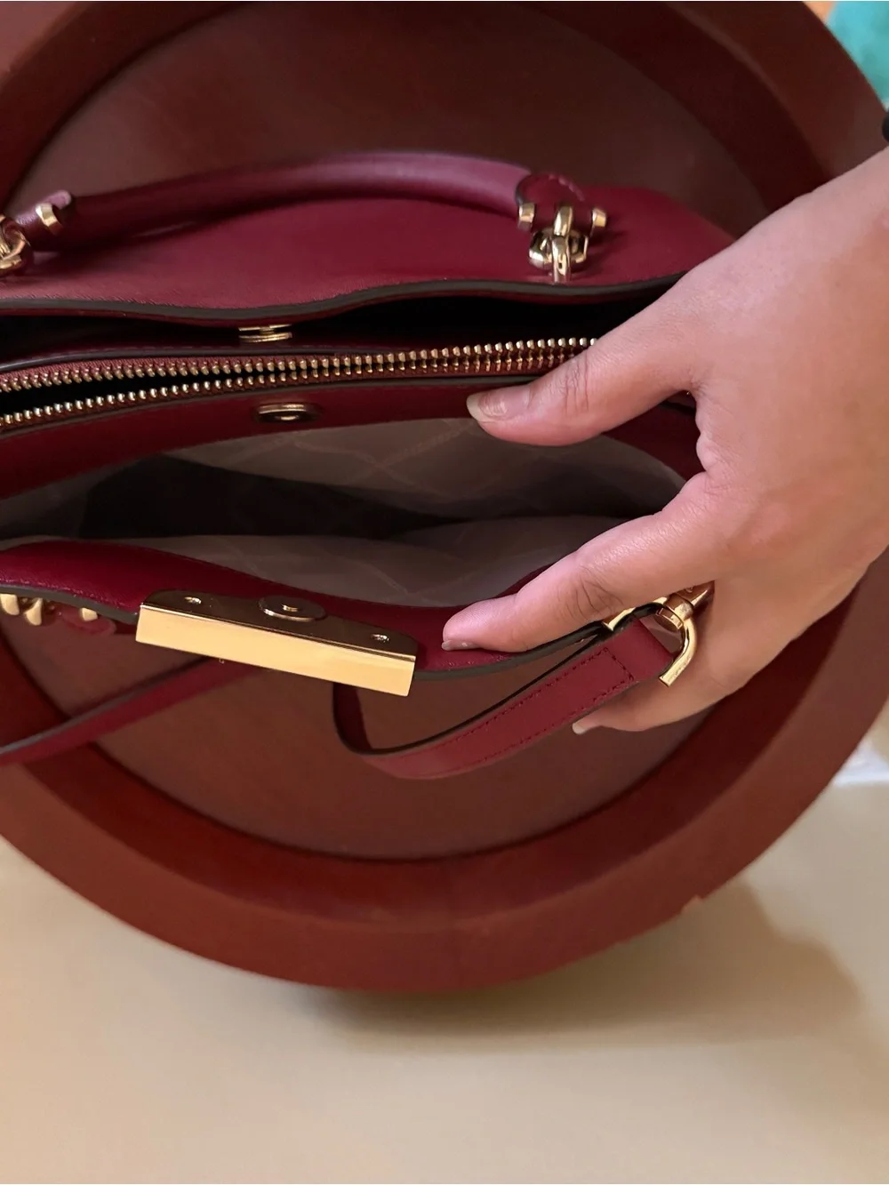 Michael Kors Burgundy Saffiano Leather Satchel with Gold Hardware